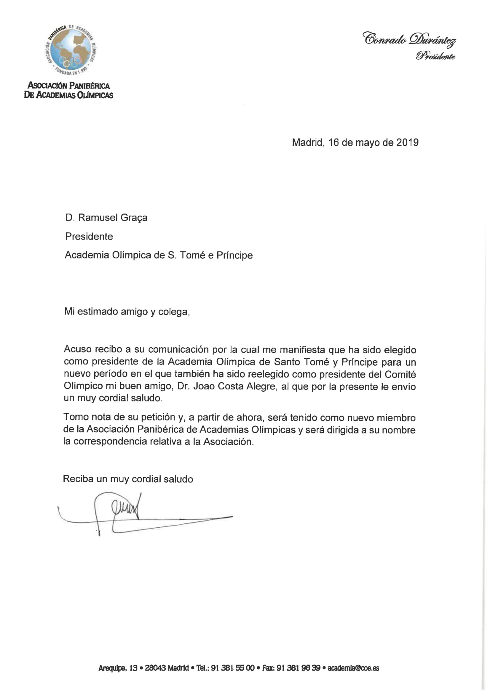 Carta de readmisión de la Academia Olímpica de Santo Tomé y Príncipe