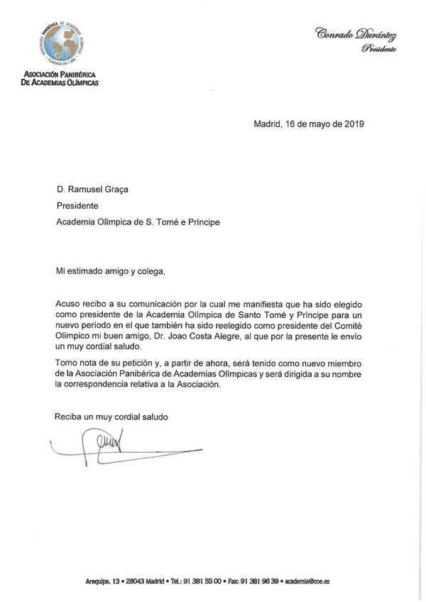 Carta de readmisión de la Academia Olímpica de Santo Tomé y Príncipe
